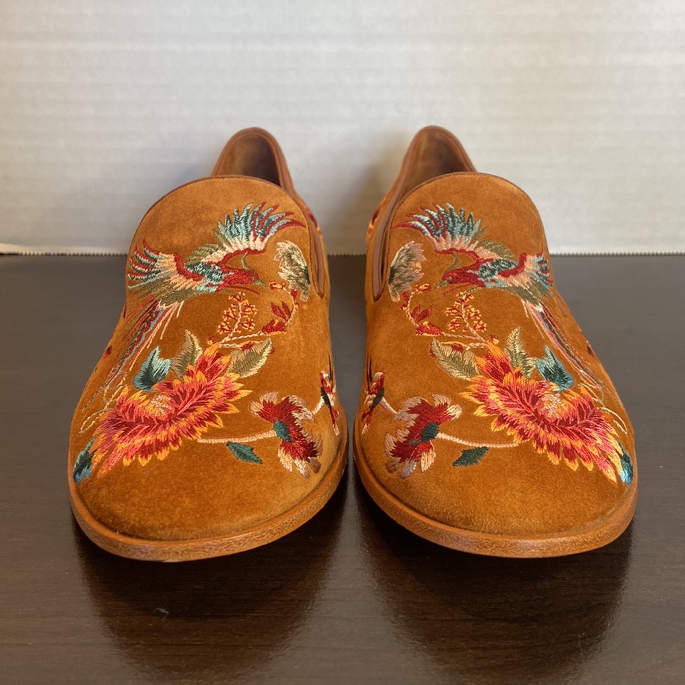 New Johnny Was Freja Embroidered Cognac Suede Leather Loafers Size 6 - Picture 5 of 16